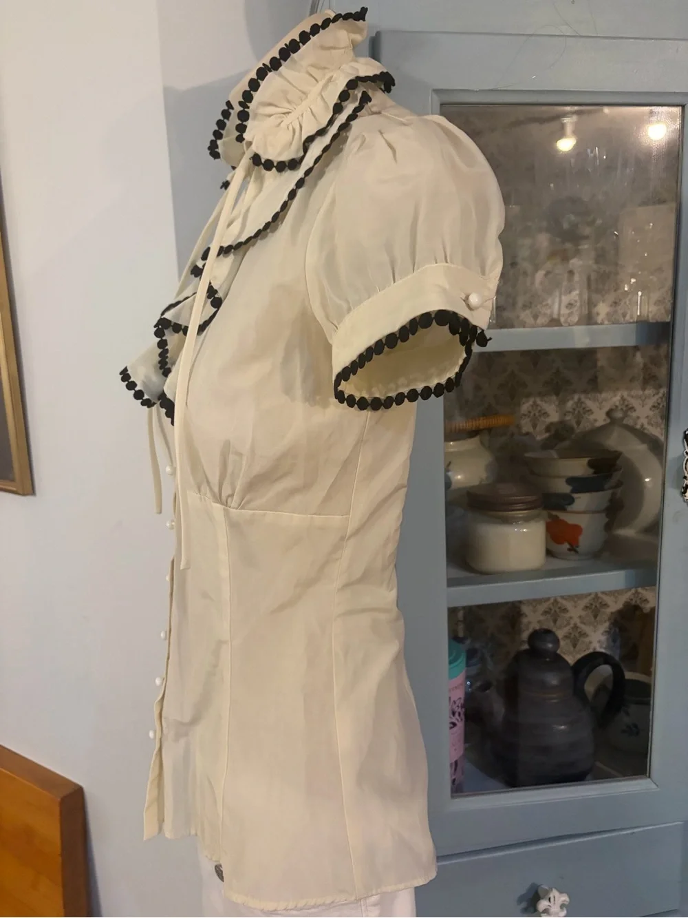 Zara Cream Short-Sleeve Ruffle Blouse with Black Pom Trim - XS